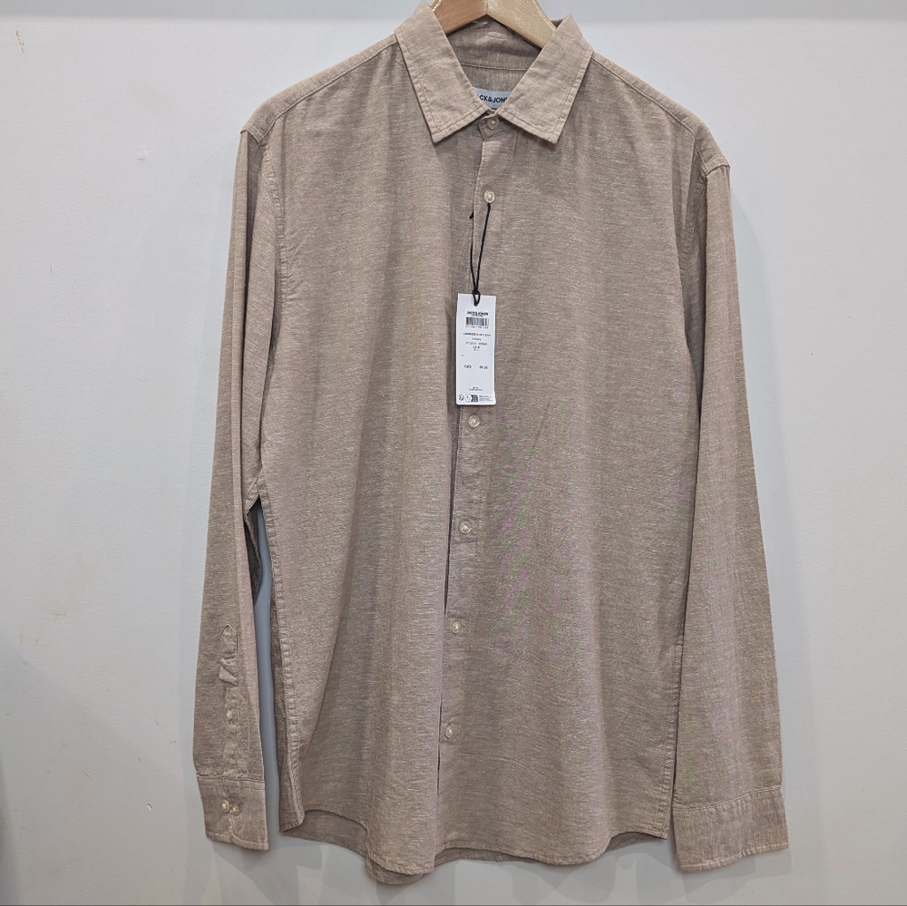 JACK & JONES | Men's Crockery (Beige) Linen Blend Button Up JJbreeze Shirt